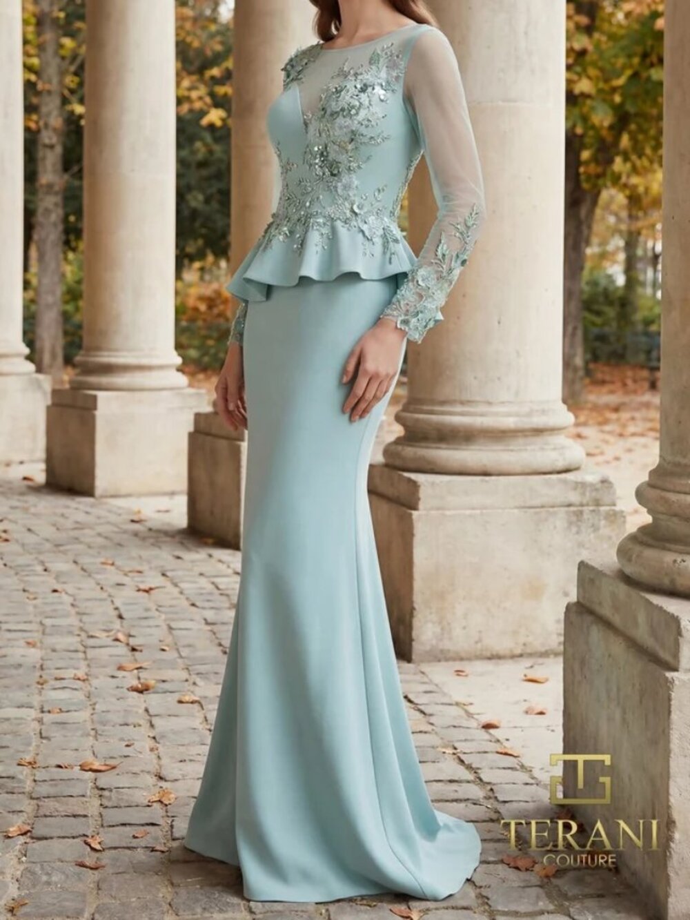 NWT Terani Couture 262M7257 Illusion Floral Applique Formal Dress Sage size 8